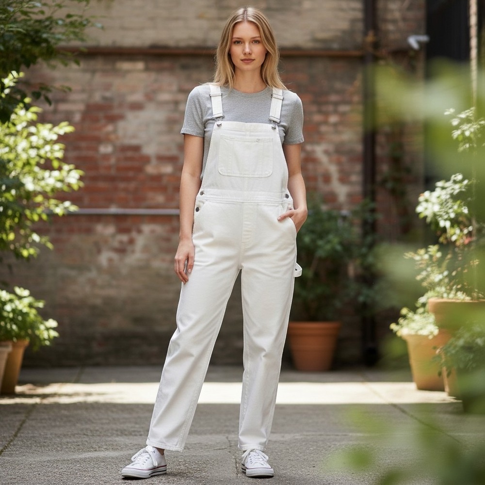 Levi's Premium Women's White Denim Bib Overalls Tapered Leg Size Large